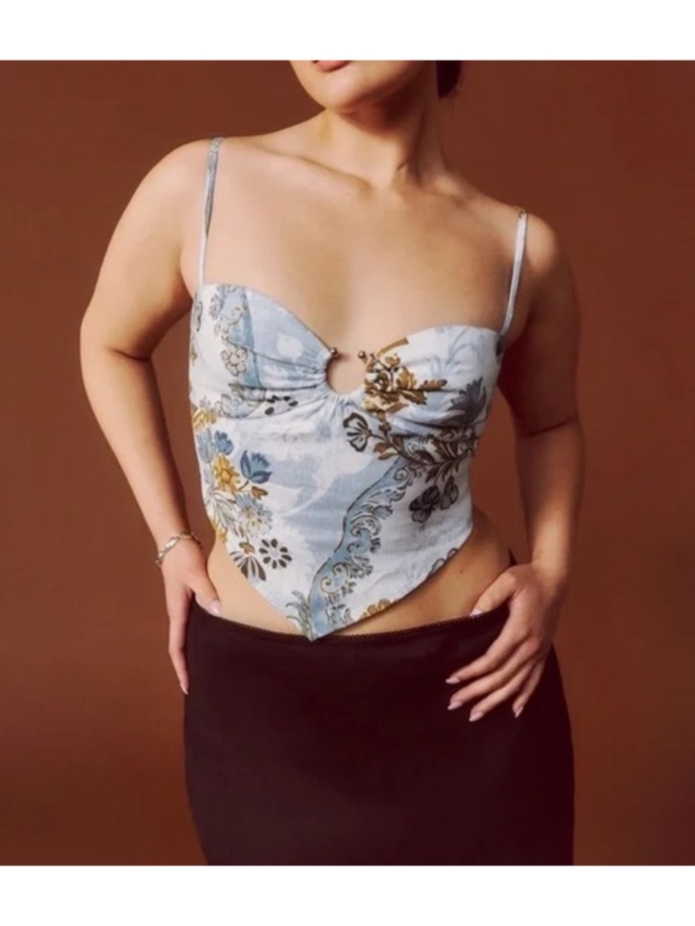 Reformation Blue and Gold Floral Crop Top